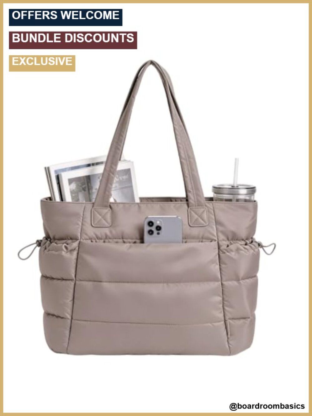Large Quilted Puffer Tote Bag with Zipper Compartments for Work Travel
